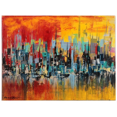Farshad Lanjani Acrylic Painting of Abstract Urban Skyline, 2022