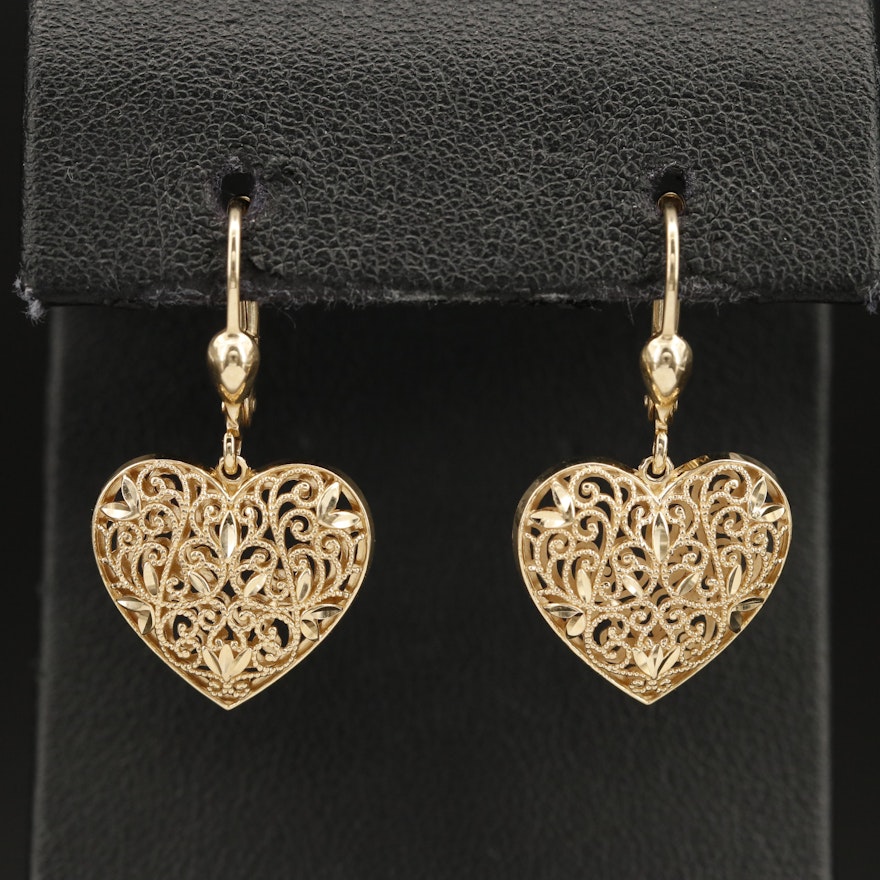 14K Openwork Heart Earrings with Diamond Cut Accents