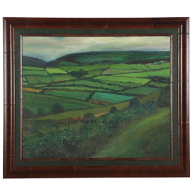Landscape Oil Painting of Rolling Farmland, Early-Mid 20th Century