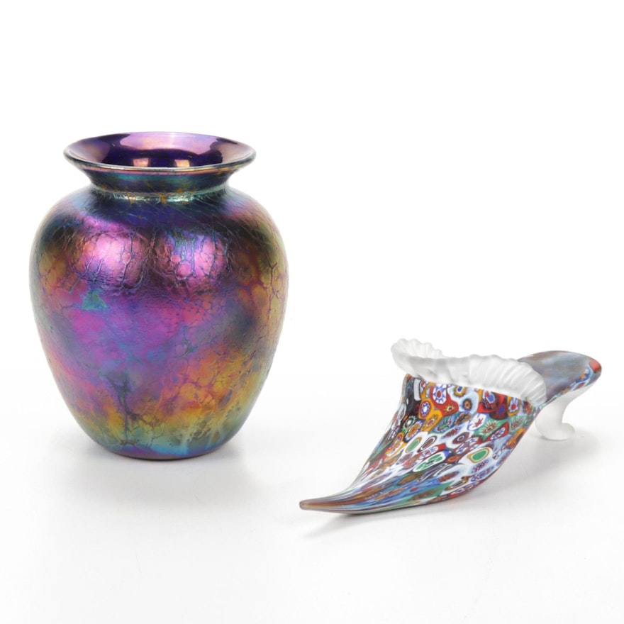 Arthur Allison Hand-Blown Iridescent Art Glass Vase and Murano Glass Shoe