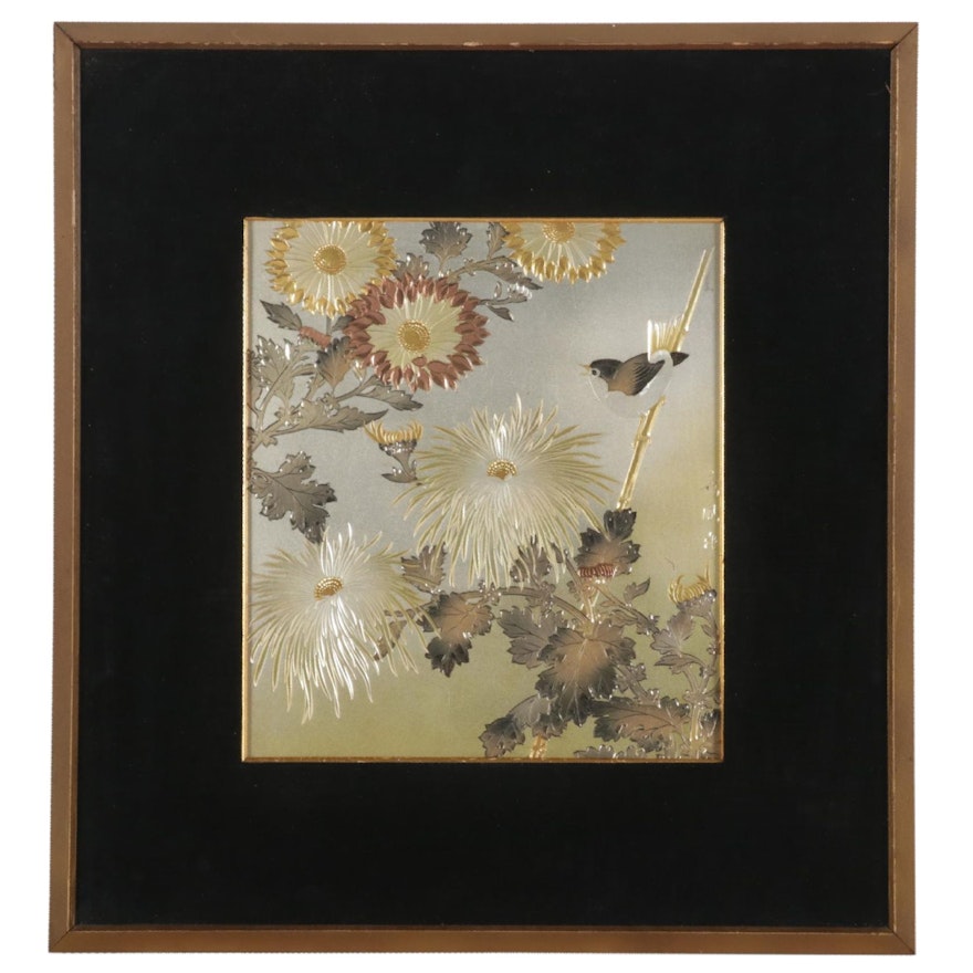 Lin-Art Chokin Style Metal Engraving of Songbird and Chrysanthemums