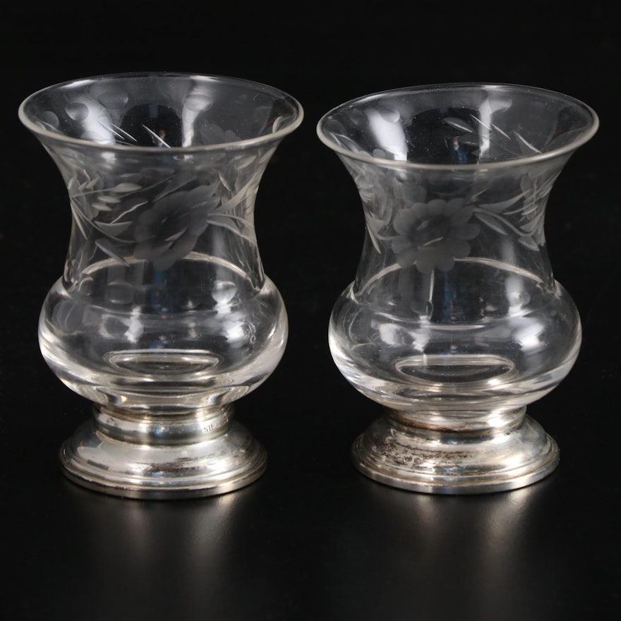 Pair of Sterling Silver Footed Etched Glass Toothpick Holders, Mid-20th Century