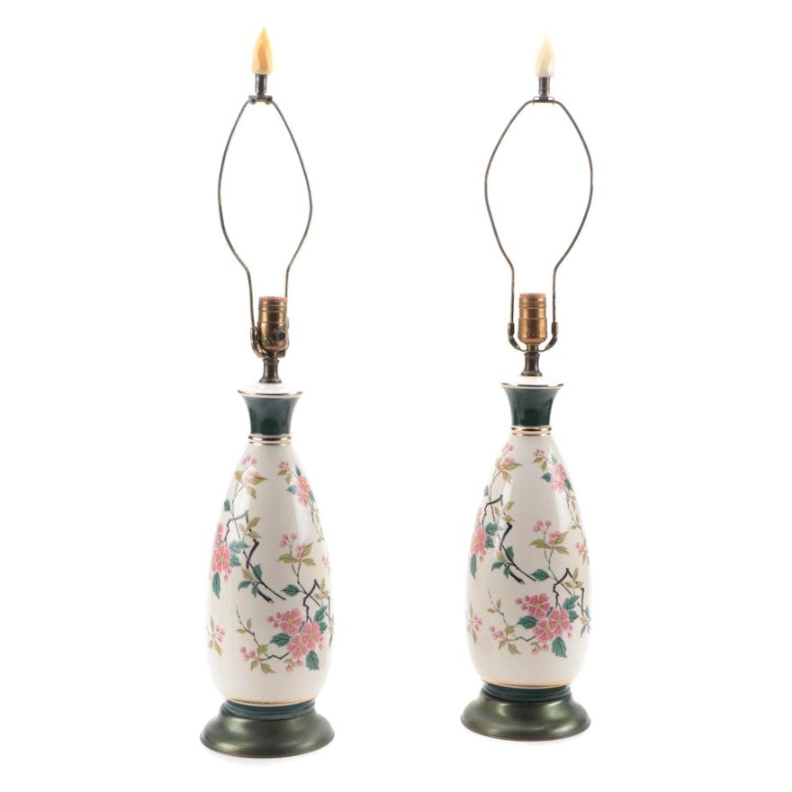 Pair of Gilt and Enameled Cherry Blossom Accent Porcelain Table Lamps