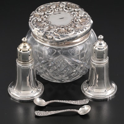 Sterling Silver Shakers and Salt Spoons with Cut Glass and Sterling Vanity Jar