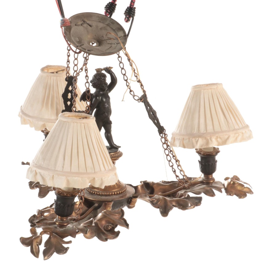 Bronze Patinated Metal Chandelier with Cupid Figure and Acanthus Leaf Design