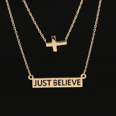 14K "Just Believe" and Cross Layered Necklace