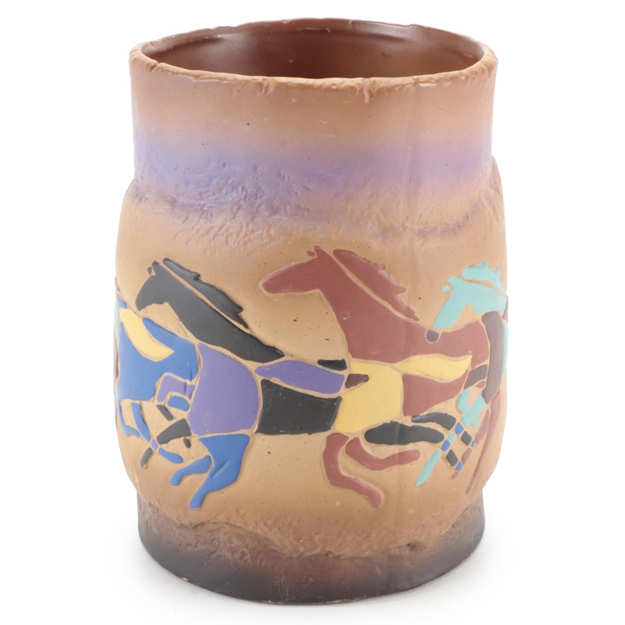 Unglazed Art Pottery Horse Motif Vessel