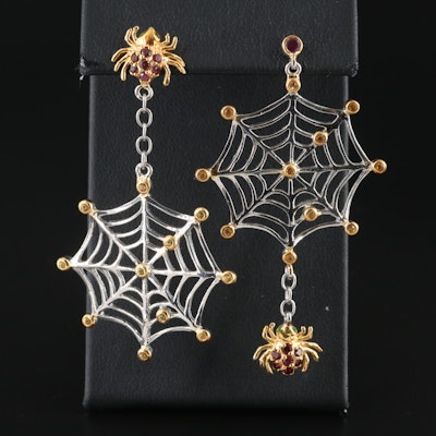 Sterling Garnet, Sapphire and Diopside Spider and Web Earrings