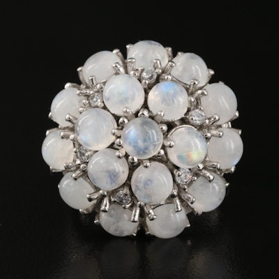Sterling Rainbow Moonstone and Cubic Zirconia Cluster Ring