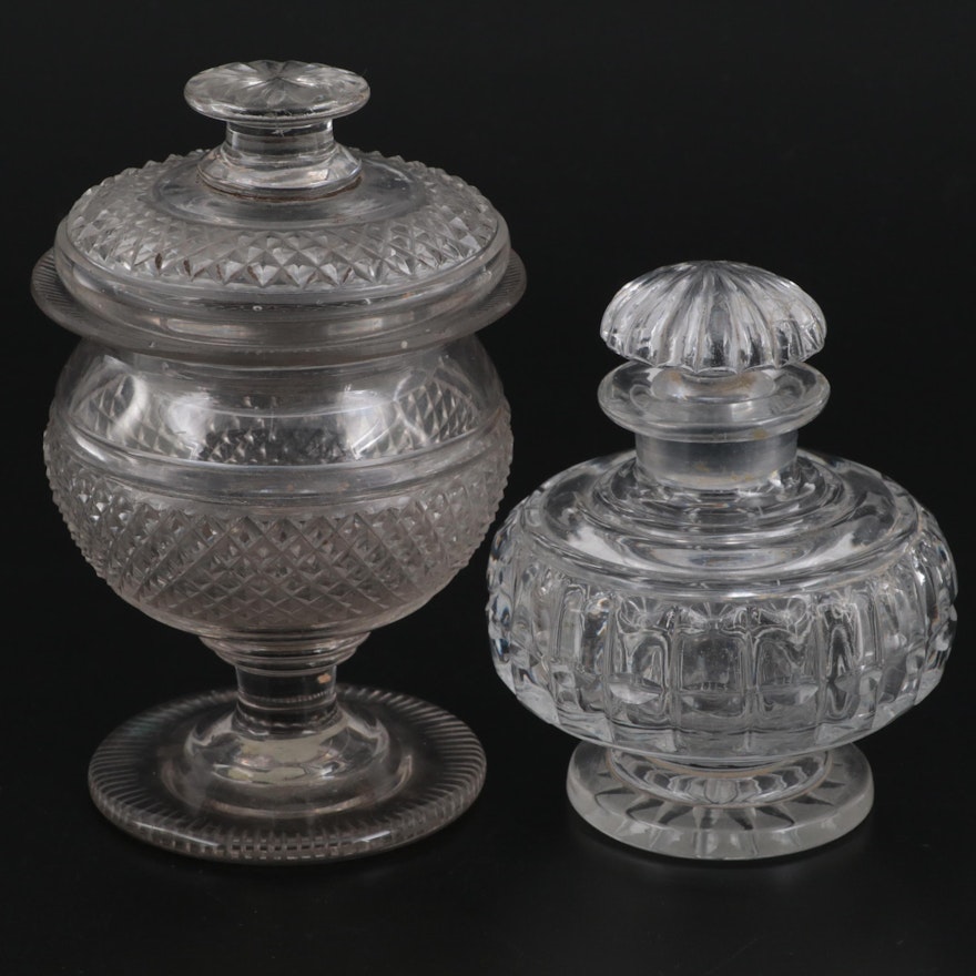 Pressed and Cut Glass Candy Dish and Perfume Bottle, Late 19th/ Early 20th C.