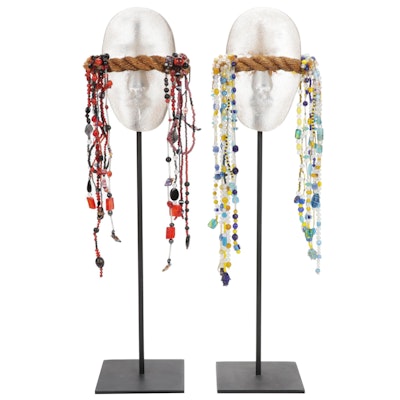 Cast Glass Facial Sculptures with Rope and Glass Beads