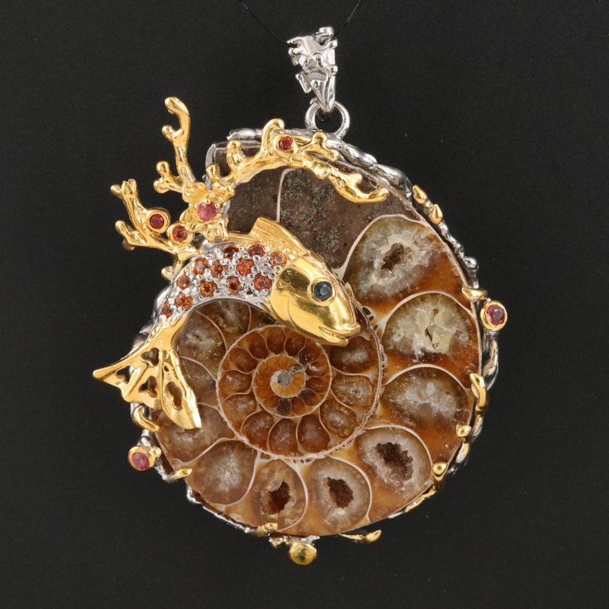 Sterling Ammonite and Sapphire Sea Life Pendant
