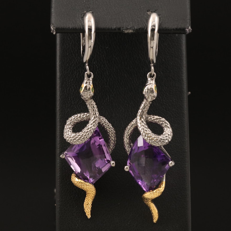 Sterling Amethyst Snake Earrings with Glass Accents