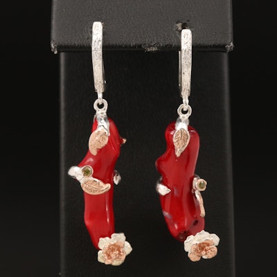 Sterling Coral Floral Drop Earrings with Glass Accents
