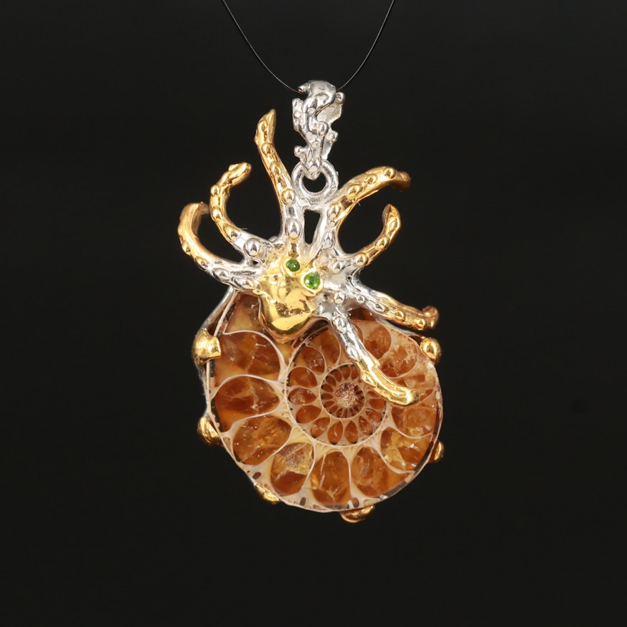 Sterling Ammonite and Octopus Pendant with Tsavorite Accents