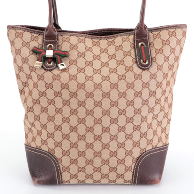 Gucci Princy Shoulder Tote in Tan GG Canvas and Dark Brown Cinghiale Leather