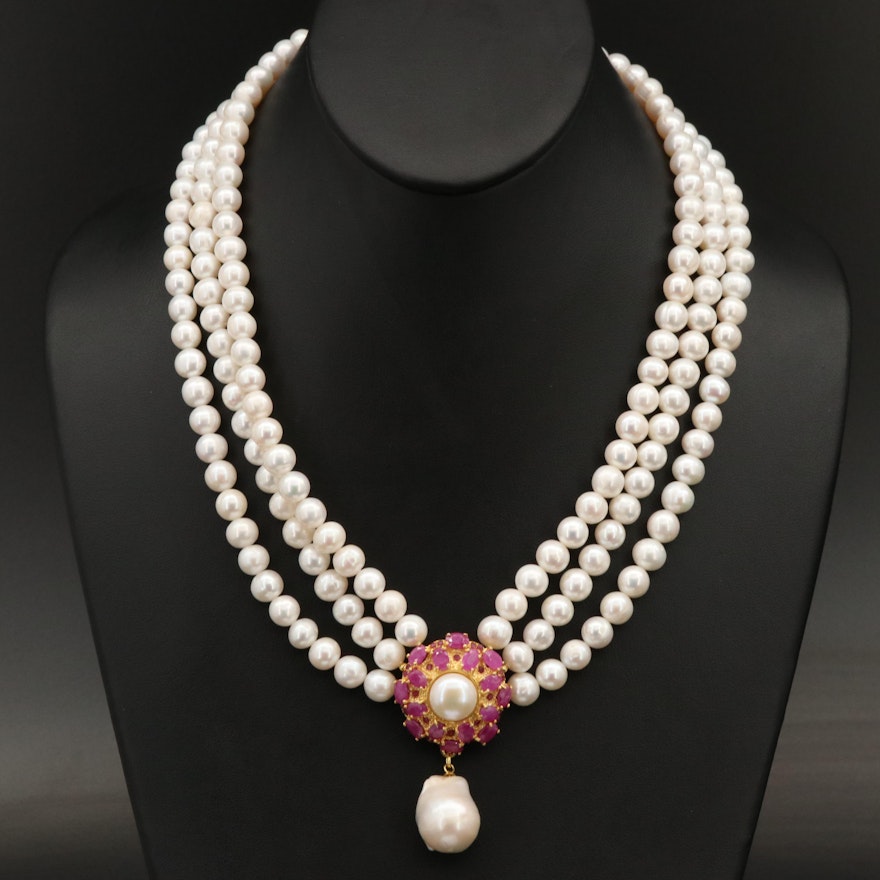 Sterling Pearl and Ruby Necklace