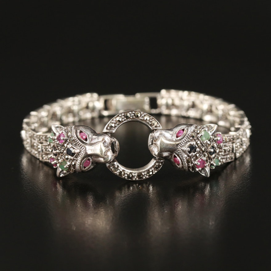 Sterling Sapphire, Emerald and Ruby Lion Heads Bracelet