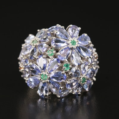 Sterling Floral Ring with Tanzanite, Emerald and Sapphire