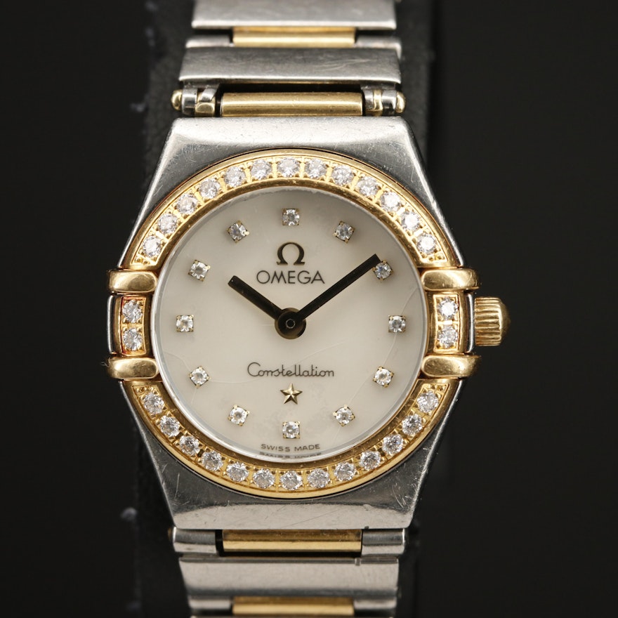 Omega Constellation 18K and Stainless Steel Diamond Dial and Bezel Wristwatch