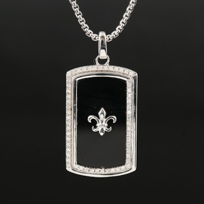 Fleur-de-Lis Dog Tag Necklace in Sterling with Black Onyx and Diamonds