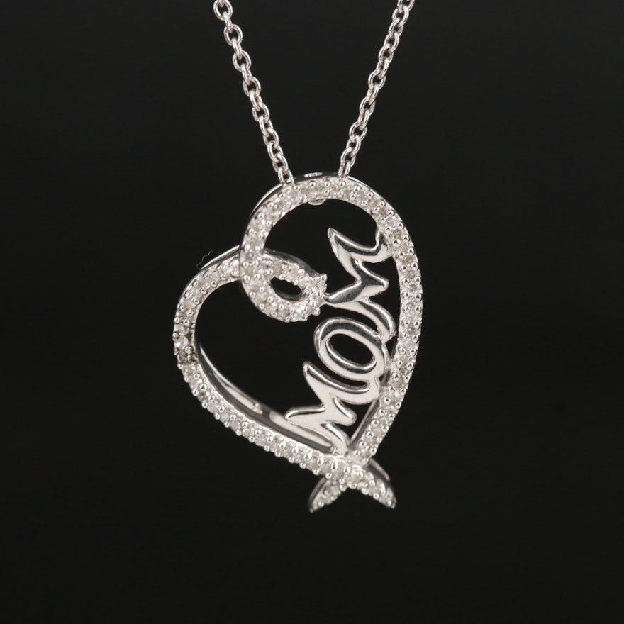 Sterling Diamond 'Mom' Heart Pendant Necklace