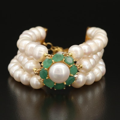 14K Pearl, Emerald and Gemstone Triple Row Bracelet