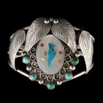 Signed Sterling Mother of Pearl, Coral and Turquoise Bird Cuff