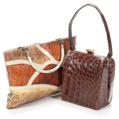 Brown Crocodile Skin and Patchwork Snakeskin Top Handle Handbags