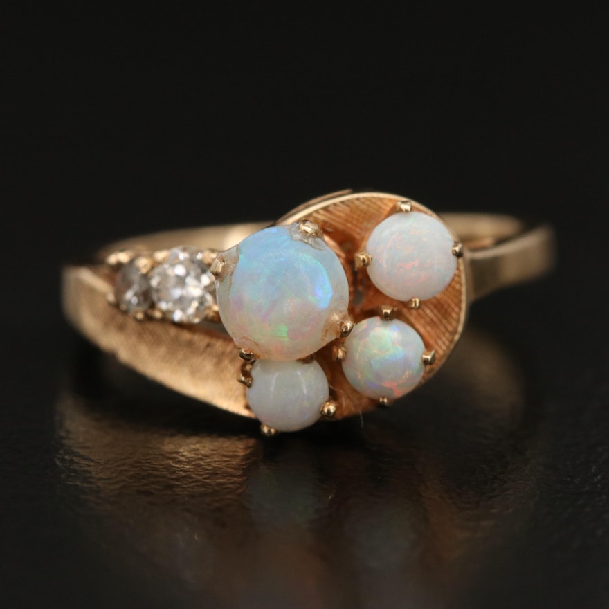 Vintage 14K Opal and Diamond Ring with Florentine Finish