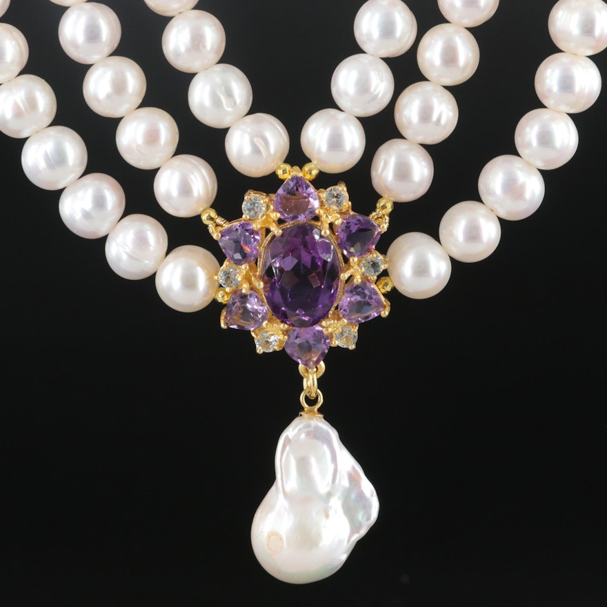 Sterling Pearl Triple Strand Necklace with Topaz and Amethyst
