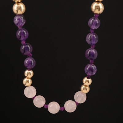 Rose Quartz, Amethyst and 14K Bead Necklace