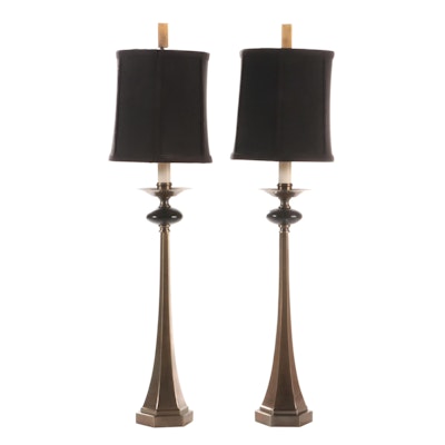 Pair of Uttermost Brushed Bronze Finished Metal and Marble Table Lamps