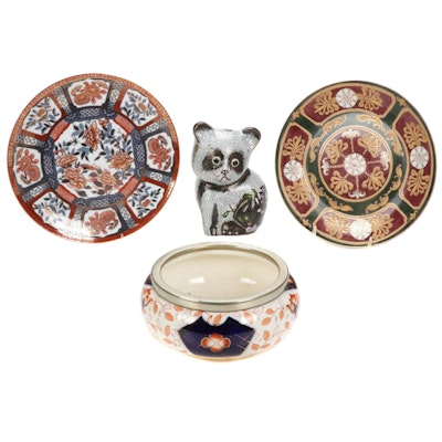 English and Asian Imari Plates and Bowl with Enamel Cloisonne Panda Figurine