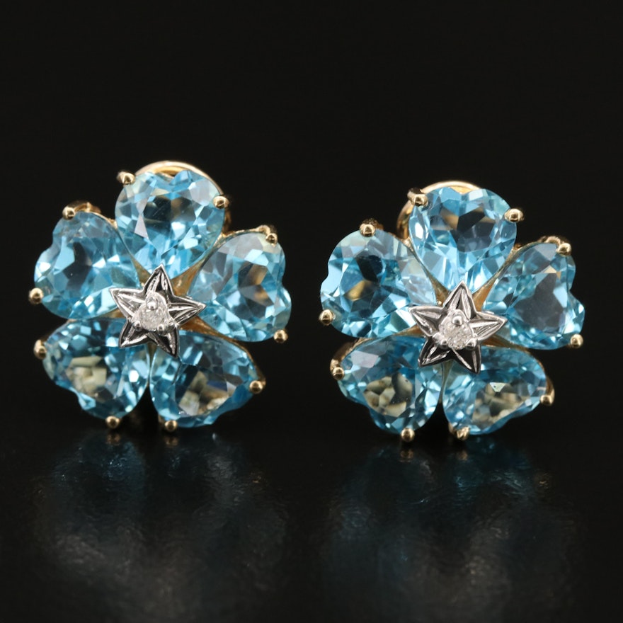14K Swiss Blue Topaz and Diamond Flower Earrings