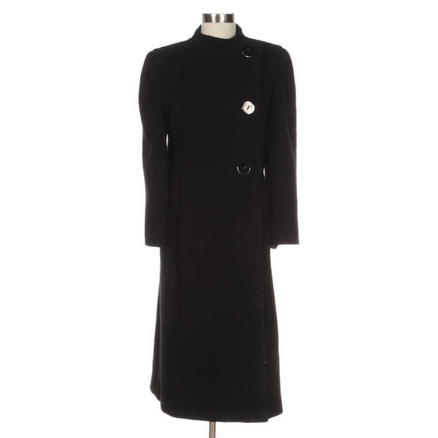 Pauline Trigère Funnel Neck Coat in Black Wool with Asymmetrical Buttons