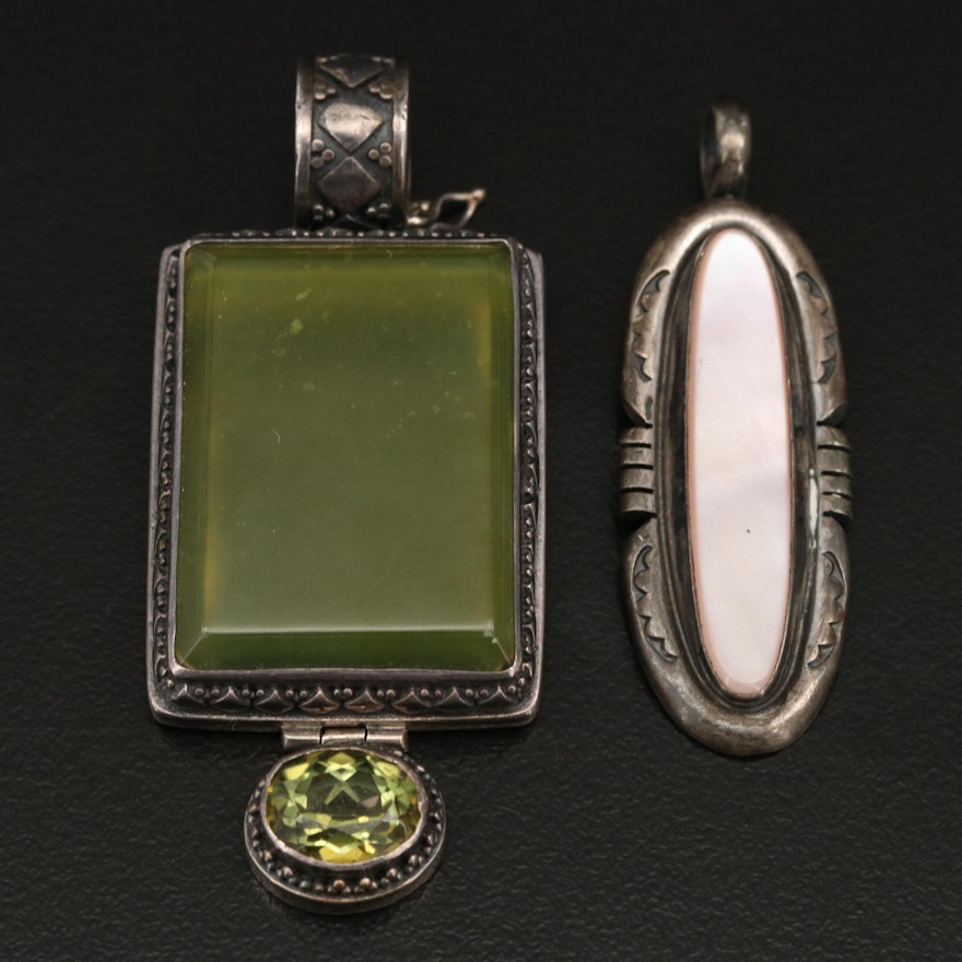 Lori Bonn and Signed Sterling Mother of Pearl, Serpentine and Gemstone Pendants