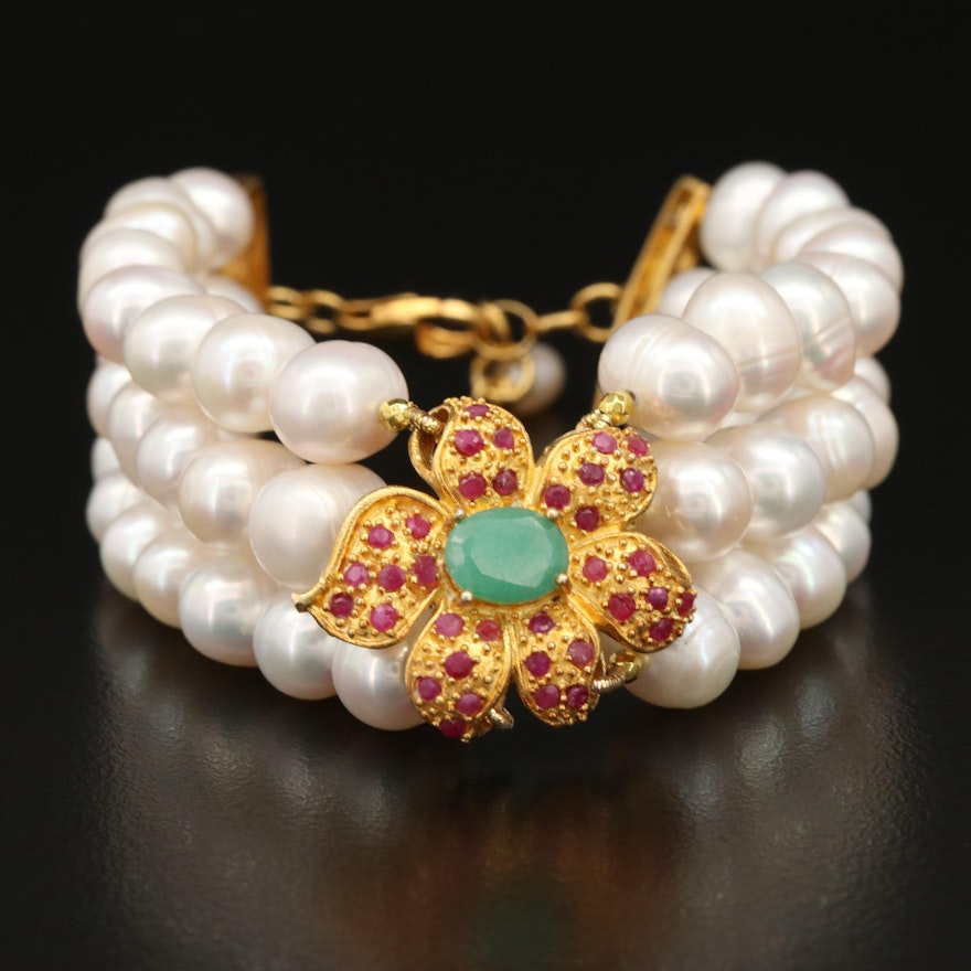 Sterling Floral Emerald, Ruby andTriple Strand Pearl Bracelet