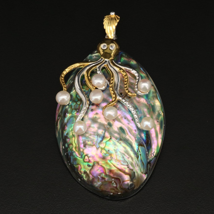 Sterling Mother of Pearl and Abalone Octopus Pendant with Pearl Accents
