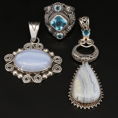 Sarda Ring Featured with Sterling Swiss Blue Topaz and Gemstone Pendants
