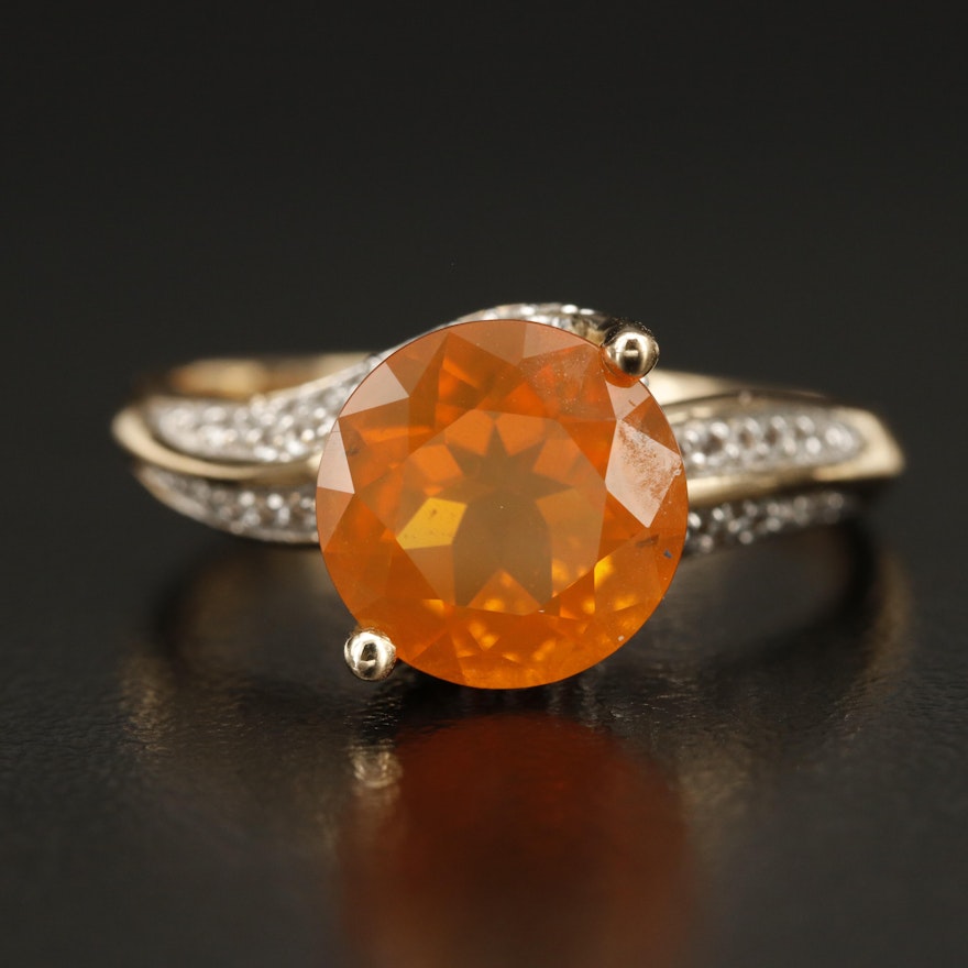 14K Fire Opal Ring with Diamond Lined Shoulders