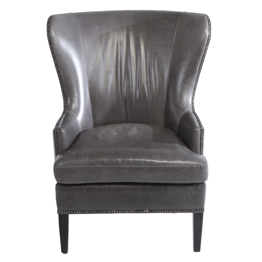 Crate & Barrel Grey Leather and Chrome-Tacked Wingback Armchair