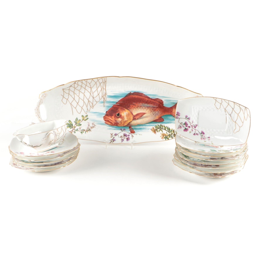 Limoges Hand-Painted Porcelain Fish Service, Late 19th Century