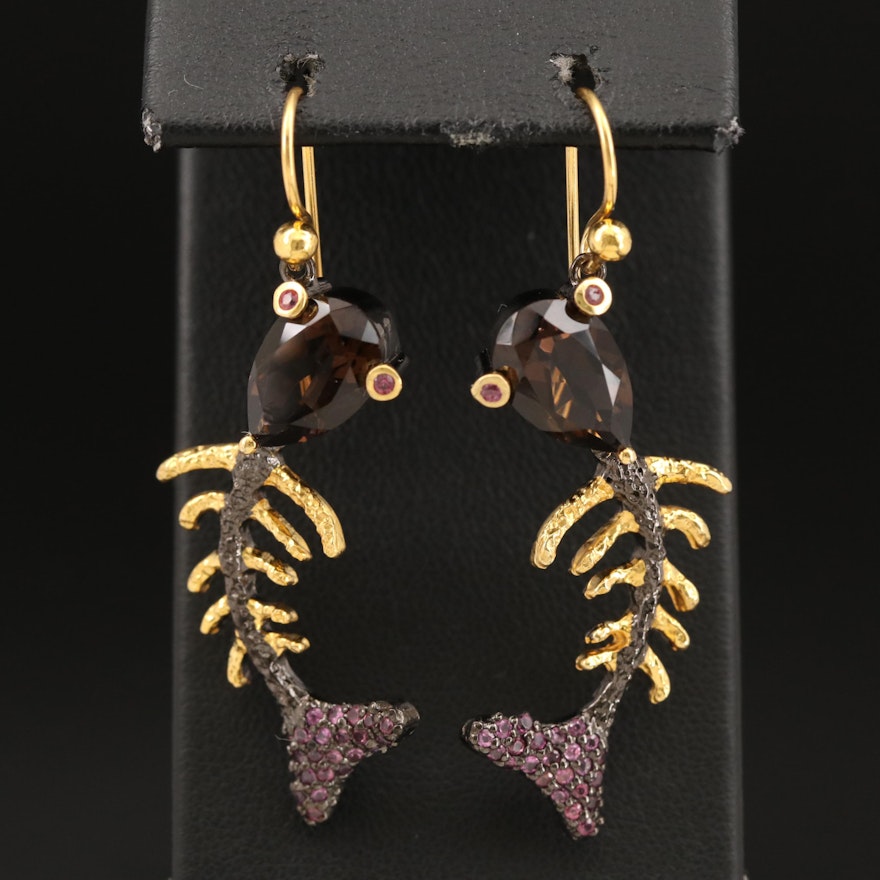 Sterling Smoky Quartz and Garnet Fish Skeleton Earrings