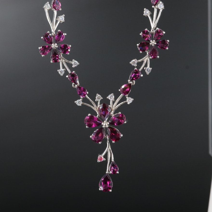 Sterling Garnet and Cubic Zirconia Flower Necklace
