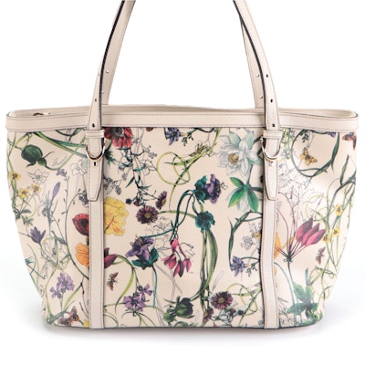 Gucci Medium Shoulder Tote in Off-White Flora Print Textured Leather