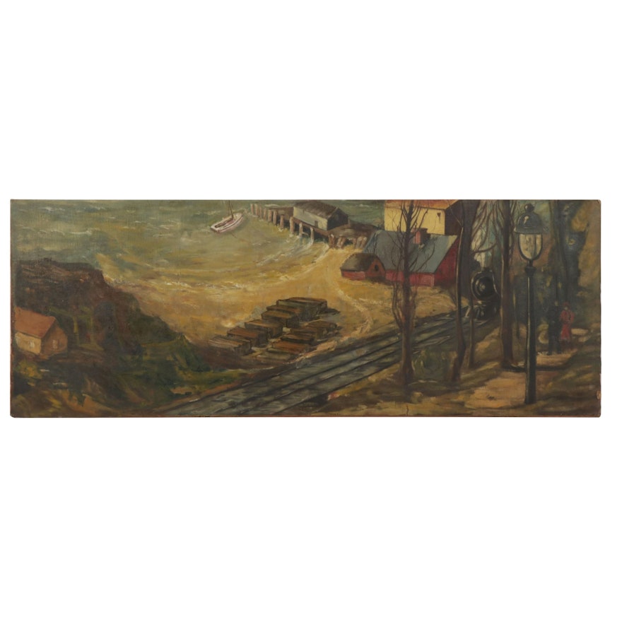 Monumental Oil Painting of Coastal Dock and Train Tracks, Early-Mid 20th Century