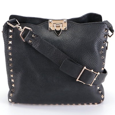 Valentino Rockstud Flip Lock Small Shoulder Bag in Black Deerskin Leather