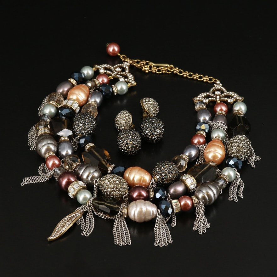 Heidi Daus Tasseled Triple Strand Necklace and Earrings Including Crystal