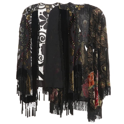 R & K Evening Silk Blend Floral and Mirasol Rayon Blend Peacock Fringed Shawls